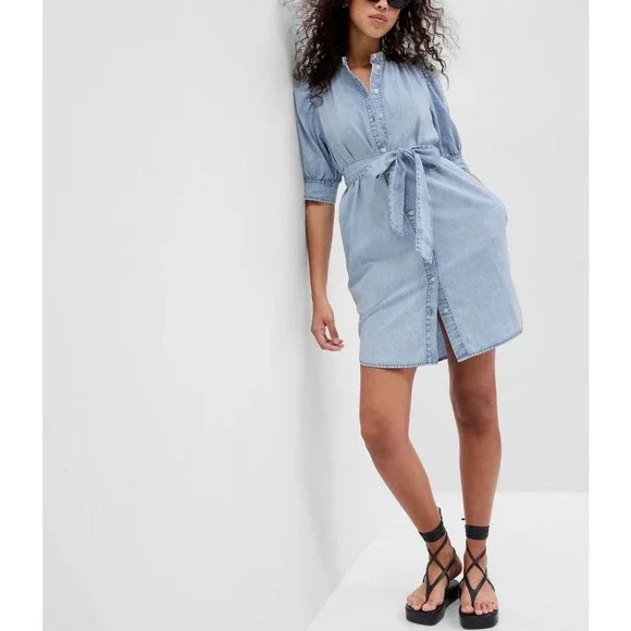 gap puff sleeve denim dress Denim Puff-Sleeve Sweetheart Mini Dress